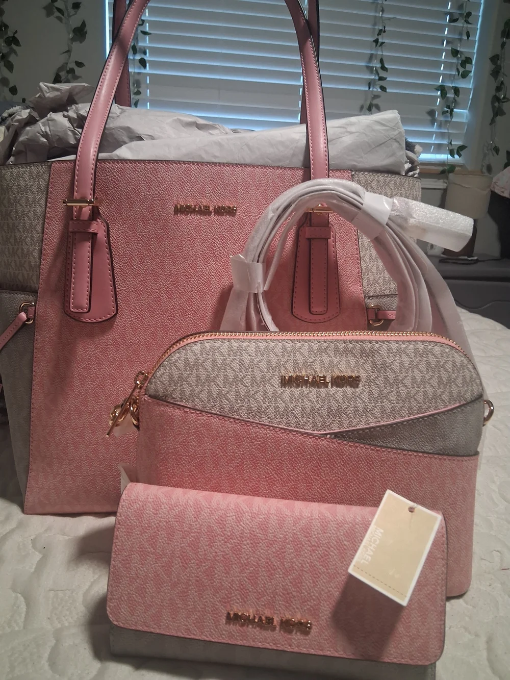 Michael Kors Pink and Silver Tote, Crossbody & Wallet Set